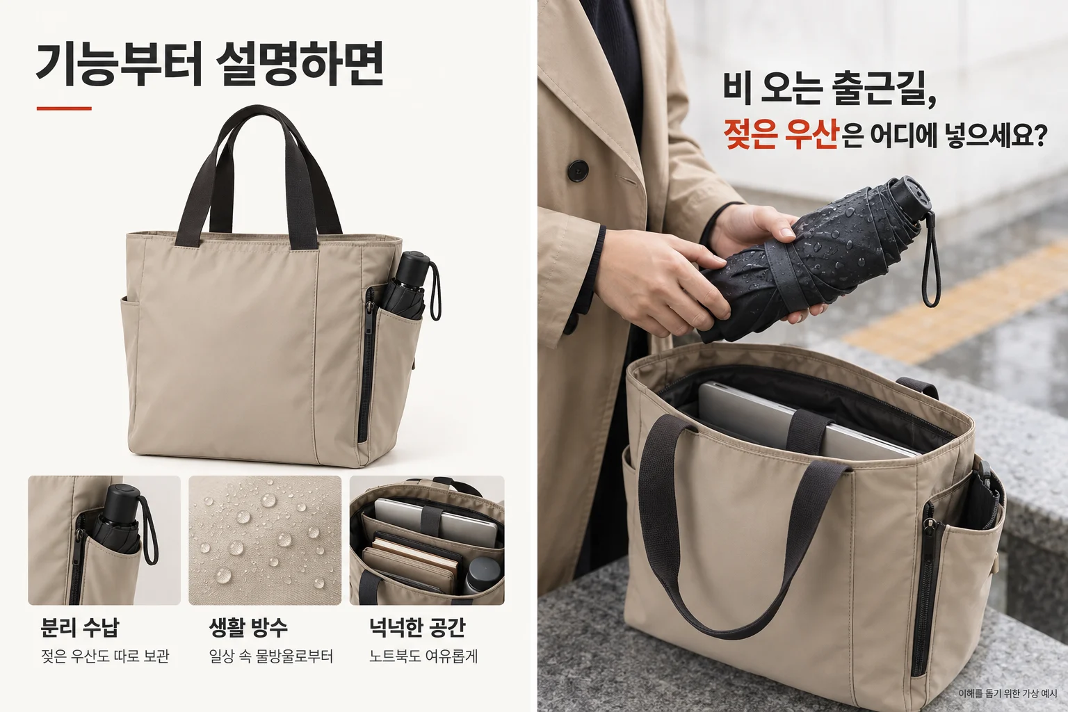 	기능부터 설명한 가방 상세페이지와 비 오는 출근길 젖은 우산 장면으로 시작한 상세페이지 비교 예시