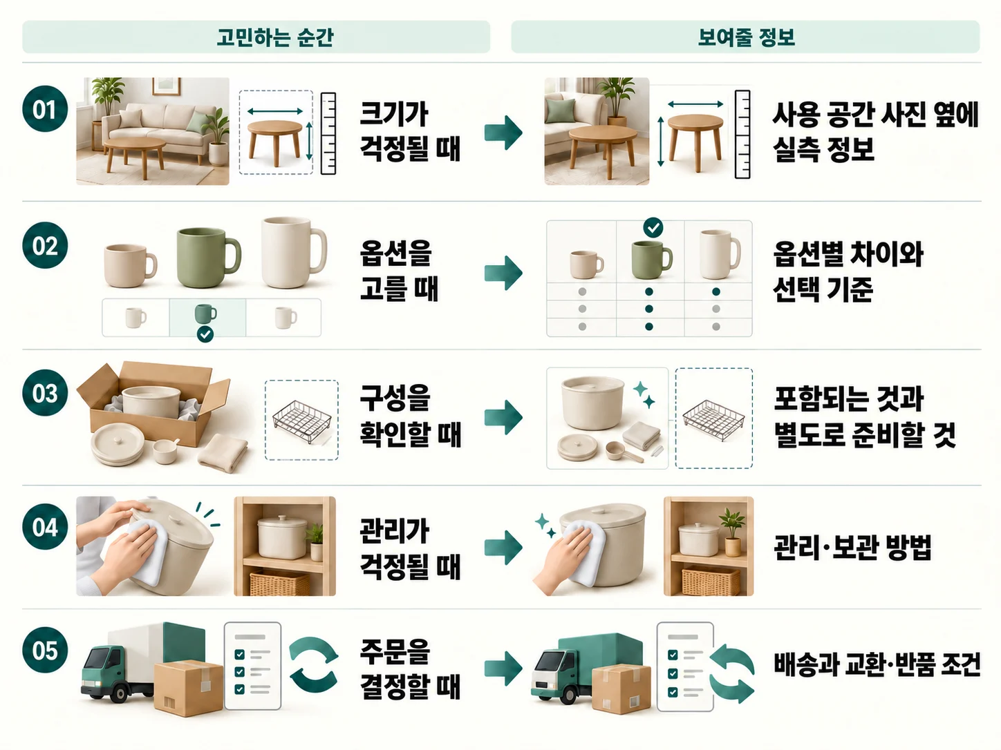 고객이 망설이는 다섯 순간(크기·옵션·구성·관리·주문)과 상세페이지에서 바로 보여줄 정보