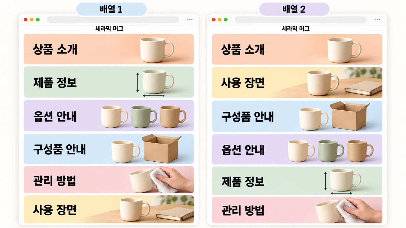 세라믹 머그 상세페이지의 두 가지 배열 비교