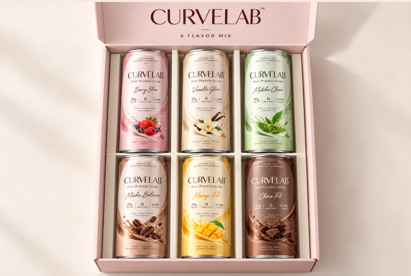 여섯 가지 맛이 담긴 CURVELAB 6 FLAVOR MIX 상자 — 베리 슬림 · 바닐라 글로우 · 말차 클린 · 모카 밸런스 · 망고 핏 · 초코 핏
