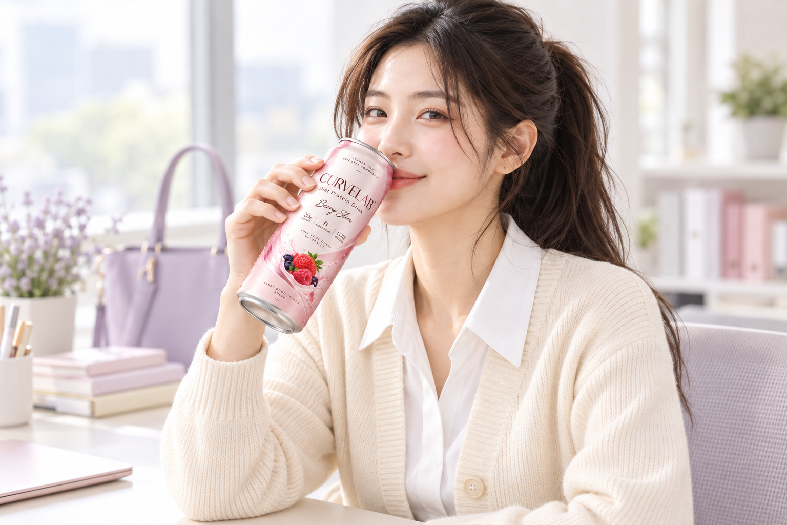 크림색 카디건을 입은 커브랩 가상 모델이 책상에서 음료를 마시는 장면