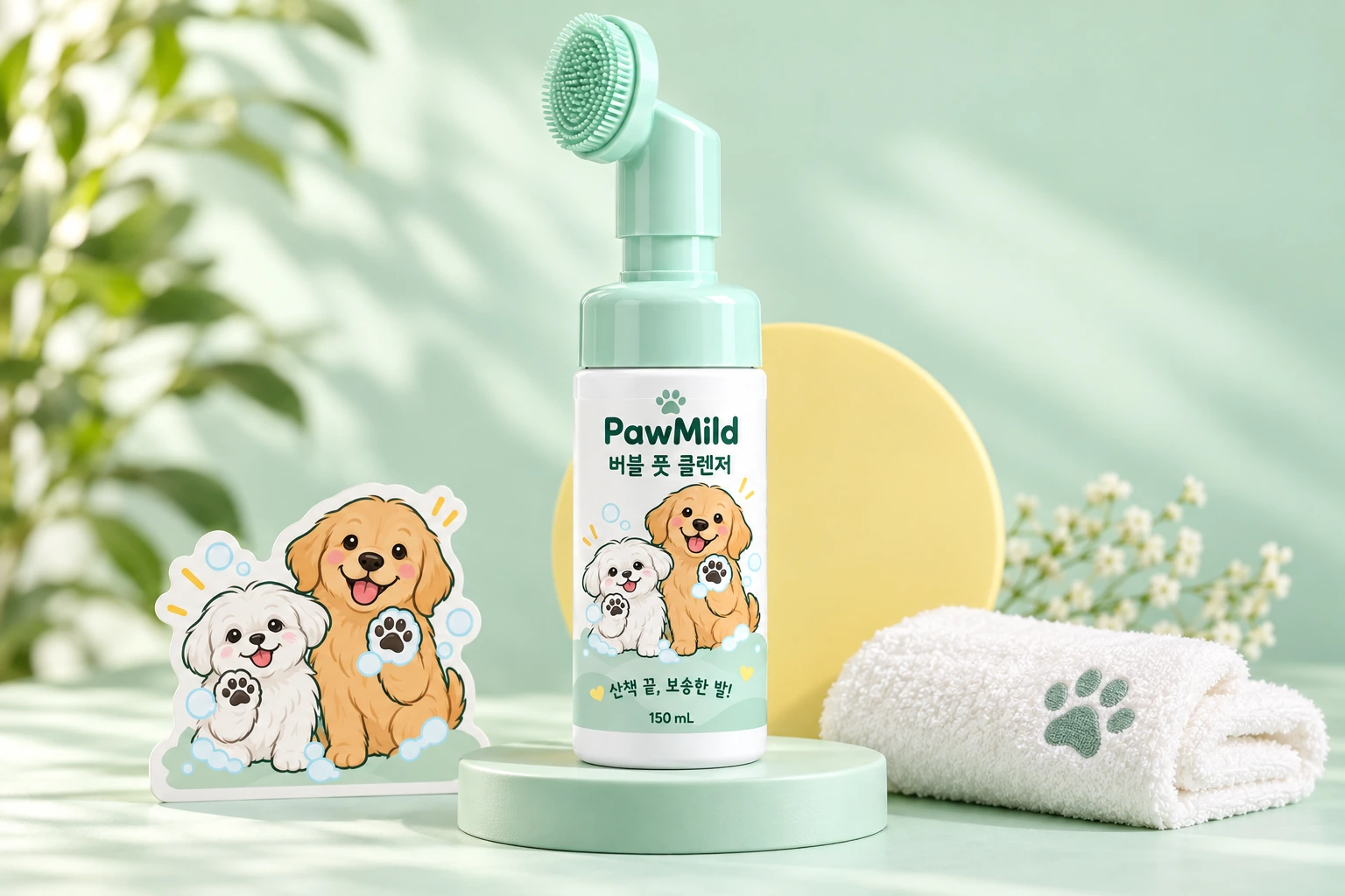 포마일드 150 mL 본품과 전용 타월, 말티즈·리트리버 캐릭터가 함께 있는 대표 제품 사진