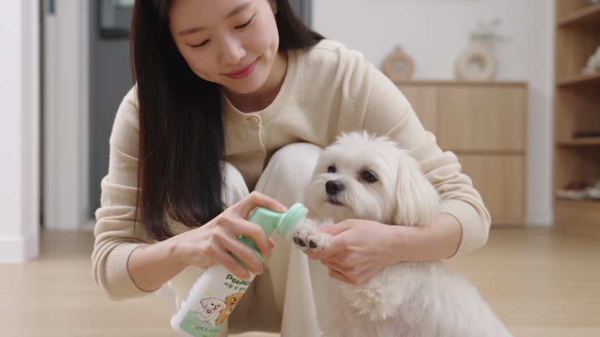 보호자가 말티즈의 발을 받치고 포마일드 브러시를 사용하는 장면