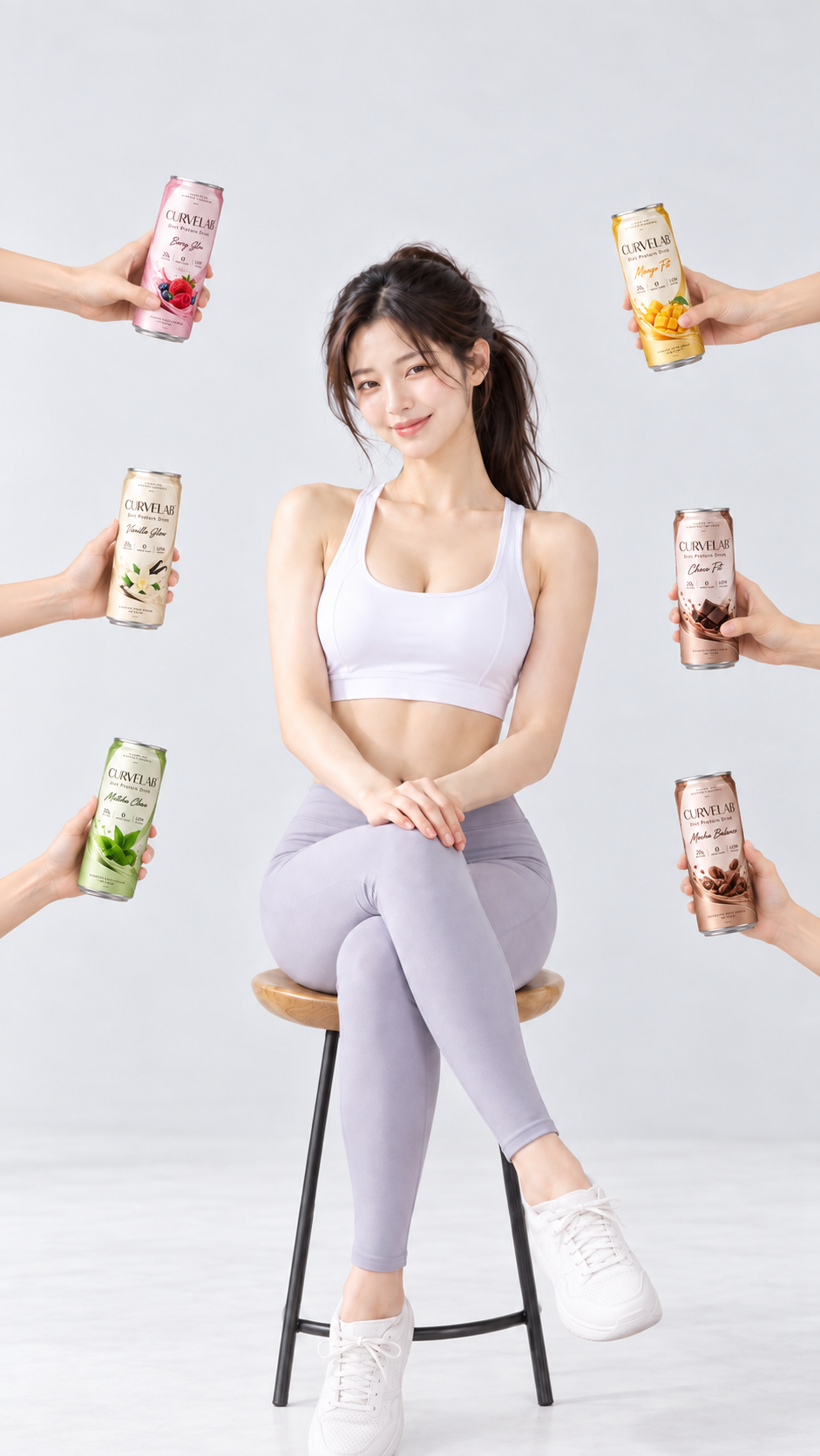 CURVELAB 제작 이미지: 밝은 배경의 모델 주위에 여섯 가지 맛의 캔이 등장하는 장면