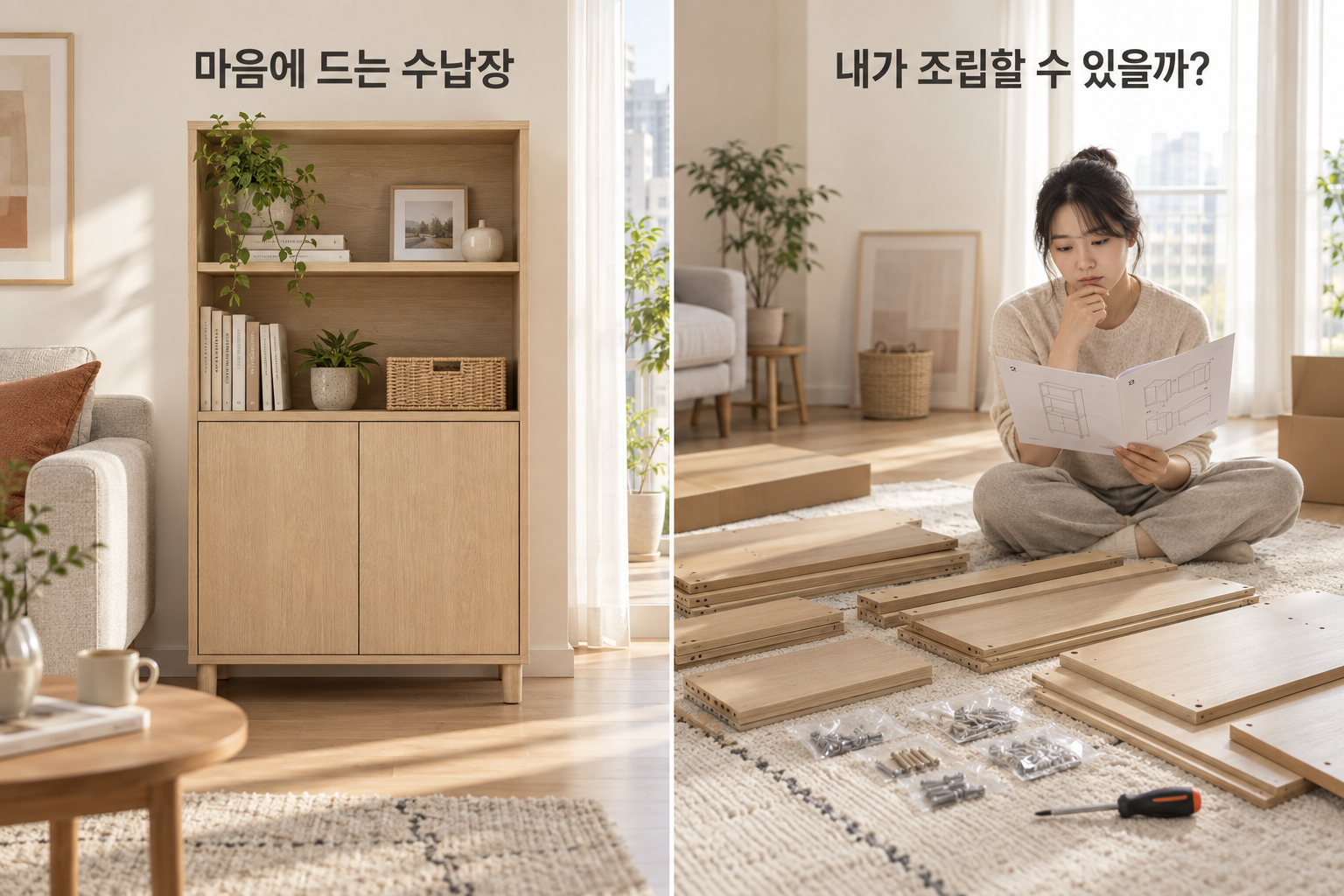 완성된 수납장은 마음에 들지만, 고객은 부품과 설명서를 보며 직접 조립할 수 있을지 걱정하는 장면