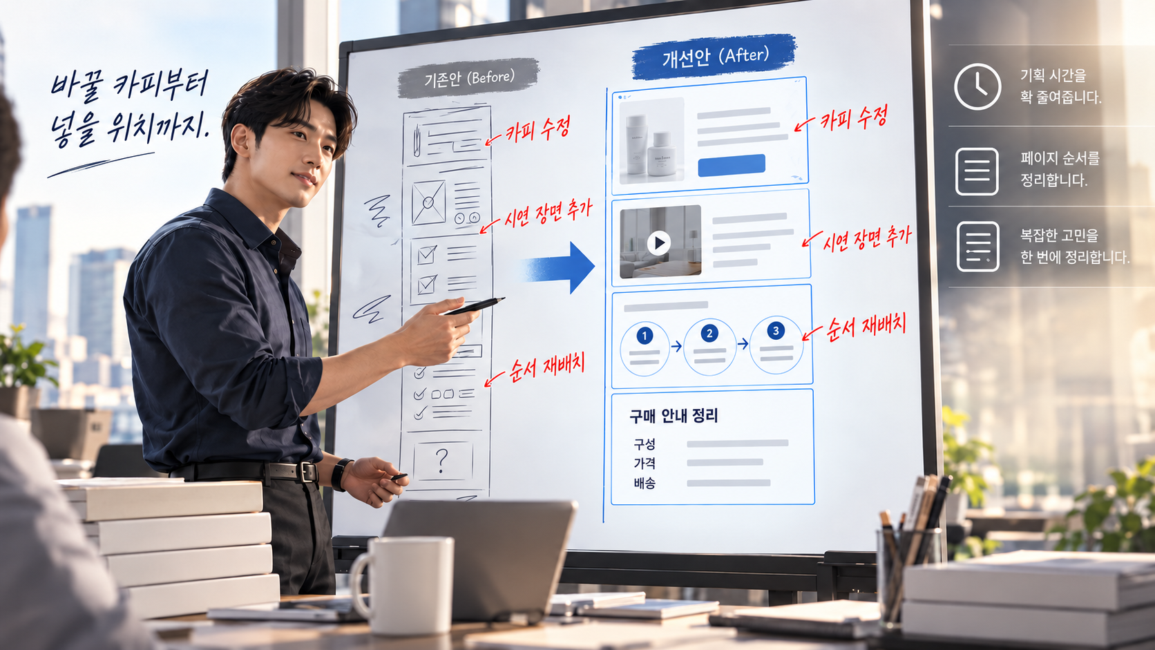 카피 수정과 시연 추가, 배치 순서 변경을 설명하는 화이트보드